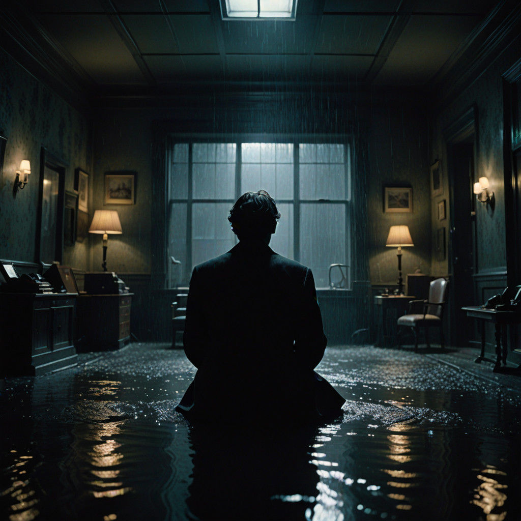 Man Surrounded by Water in a Dark, Cracked Room, in Cinemati...