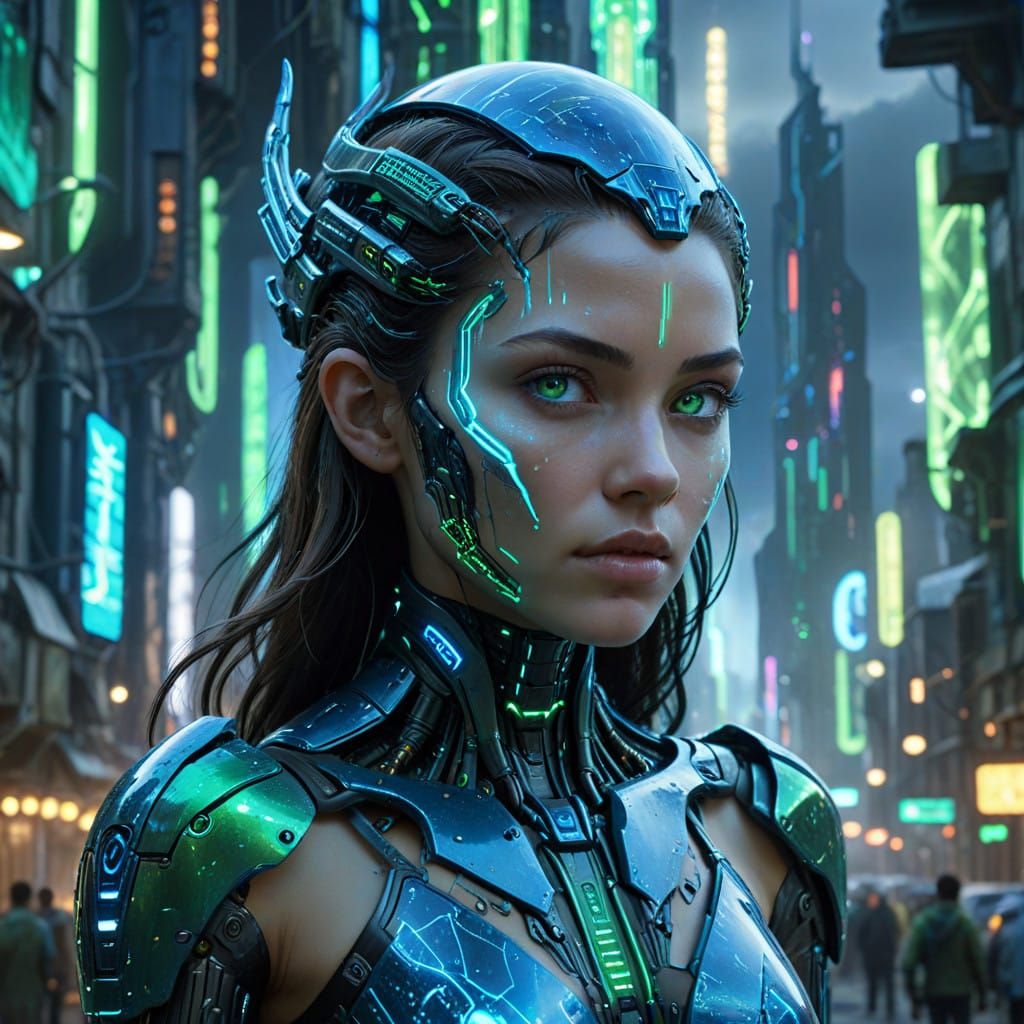 Cyborg Woman in a Futuristic Dystopian Cityscape