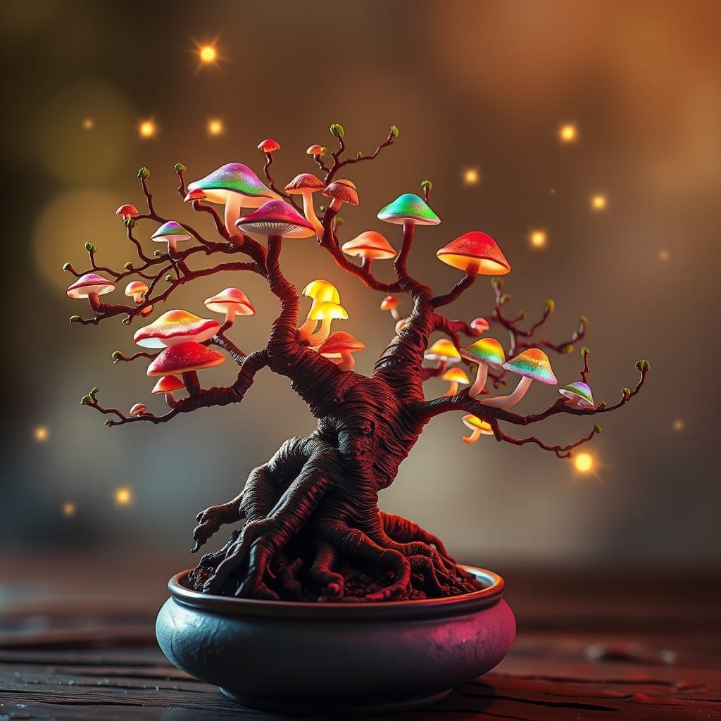 Surreal Bonsai Tree Blooms with Rainbow Mushrooms in a Magic...