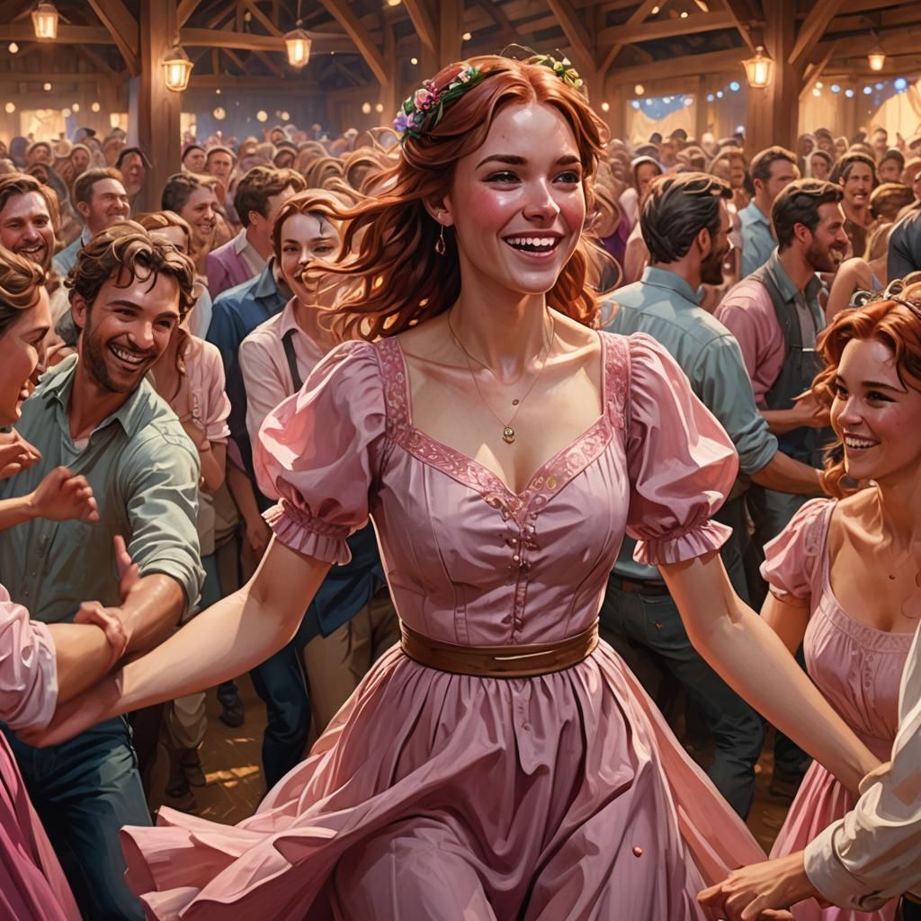 Auburn-Haired Woman Dancing at Barn, Hyperdetailed Digital A...