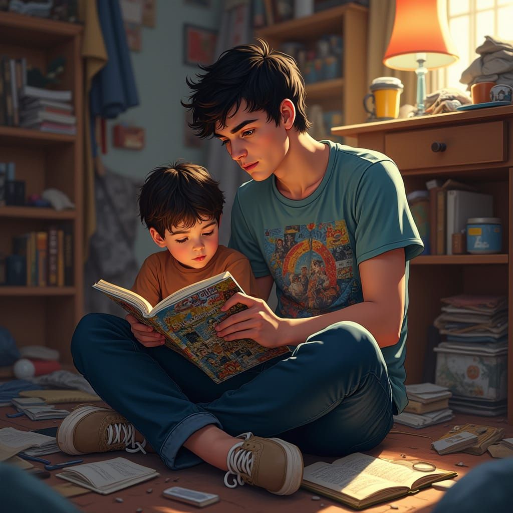 Hyperrealistic Portrait of Young Man Reading Comic