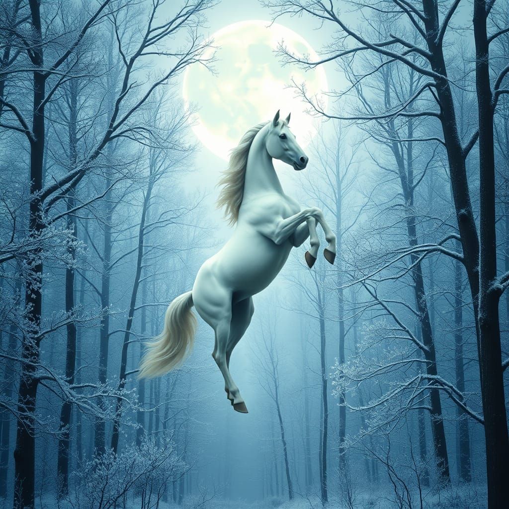 Ethereal Forest Scene with Majestic White Horse Standing on ...