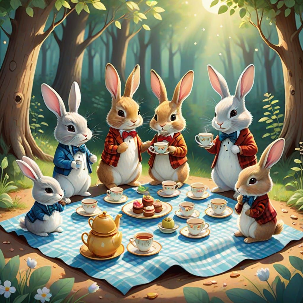 Whimsical Rabbit Tea Party in Sun-Dappled Forest