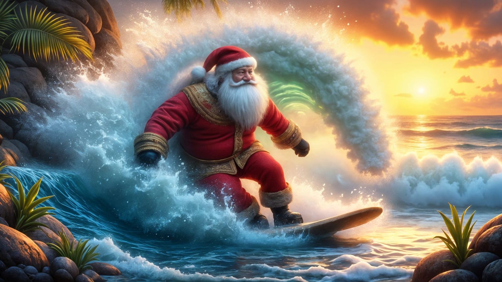 Hyperrealistic Surfing Santa Claus in Vibrant Red Velvet