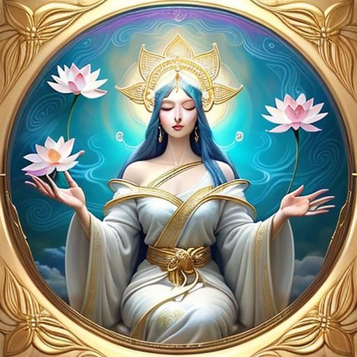 Ethereal God in Lotus Flower: Surreal Oil Painting