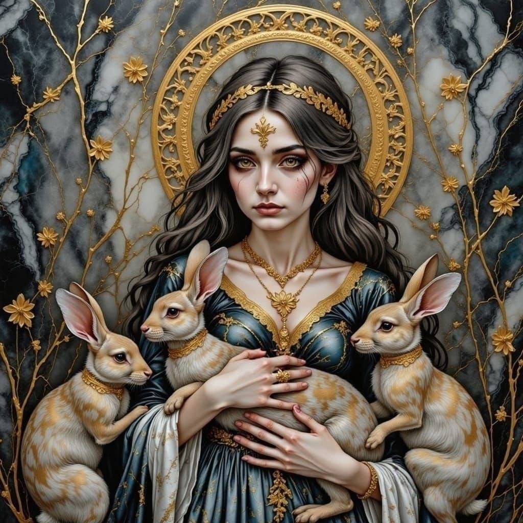 Medieval Irish Saint Melangell with a Calm Hare and Rabbits