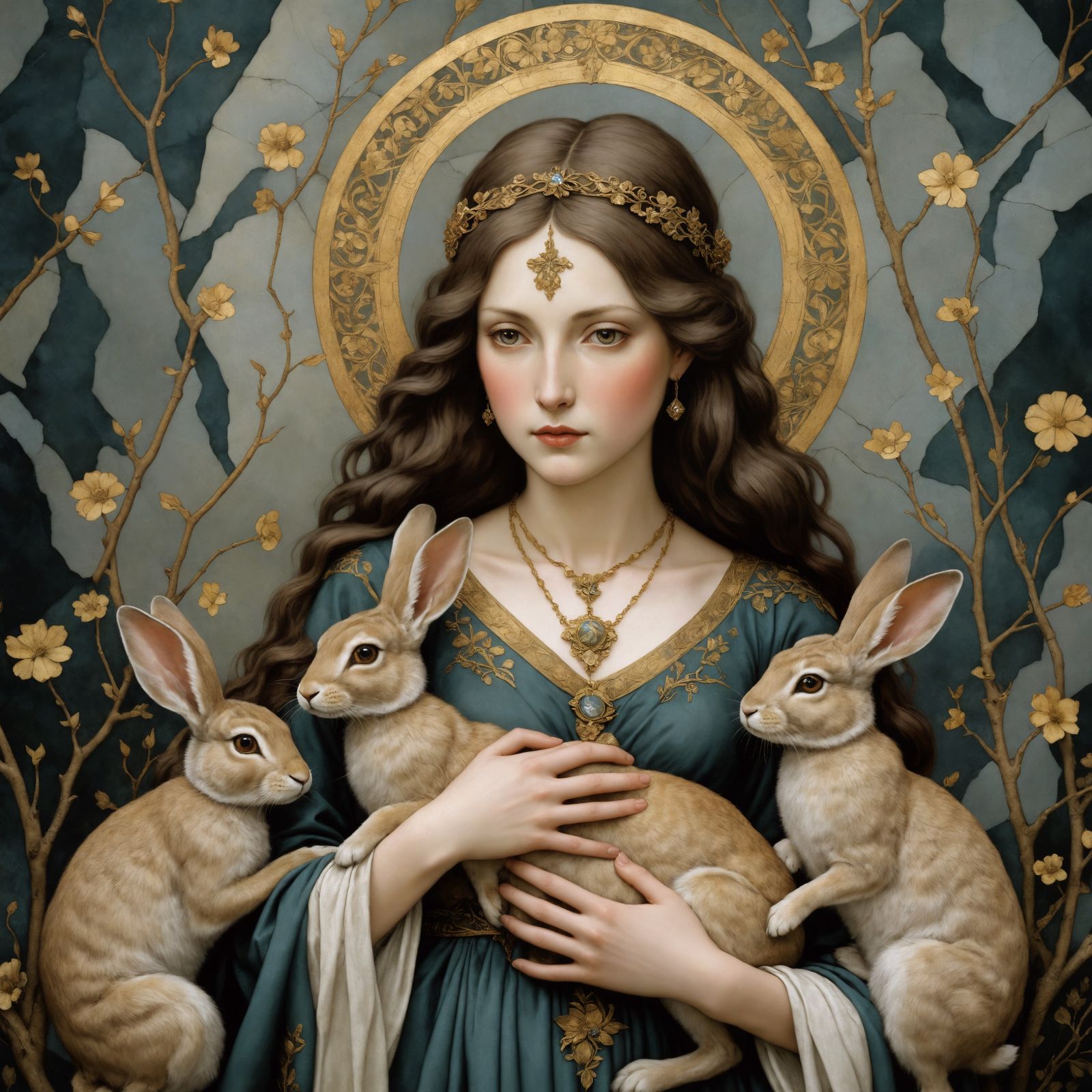 Medieval Irish Saint Melangell with Hares and Rabbits in Whi...