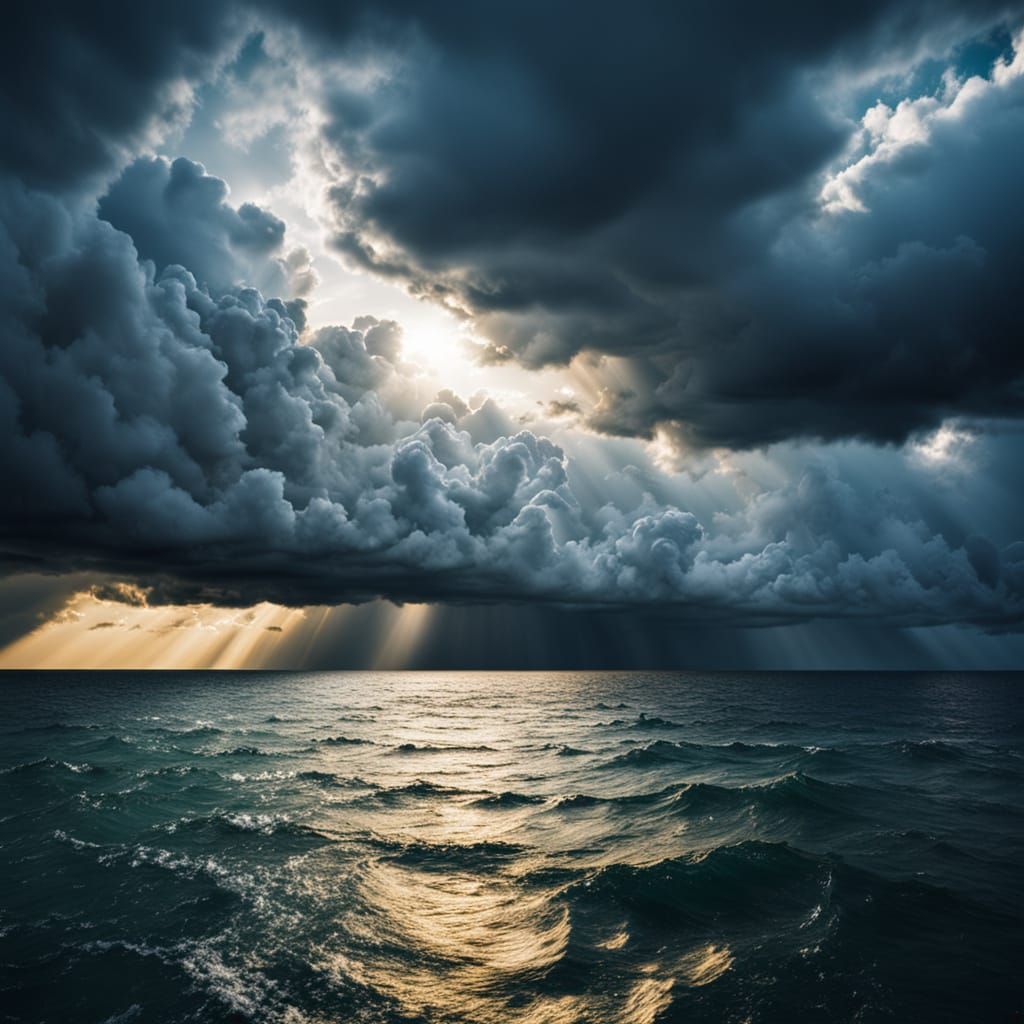 Dramatic Seascape with Golden Horizon and Dark Clouds
