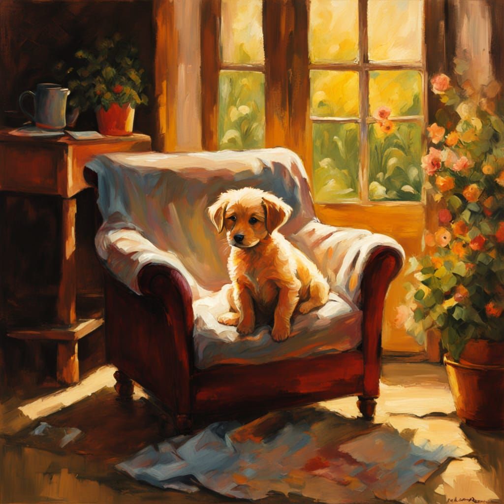 Cozy Cabin Scene: Puppy in Armchair with Golden Sunlight