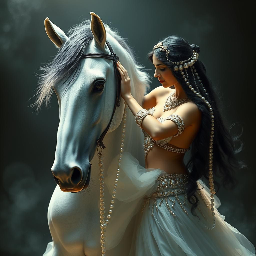 Tonalist Painting: White Stallion and Pearl Dancer