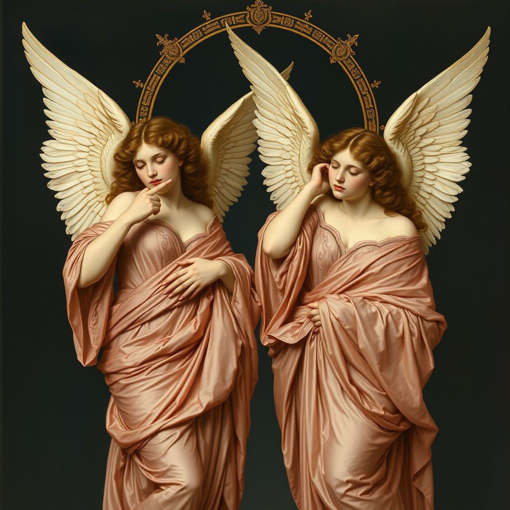 Majestic Female Warriors in Ornate Silk Robes, Pre-Raphaelit...