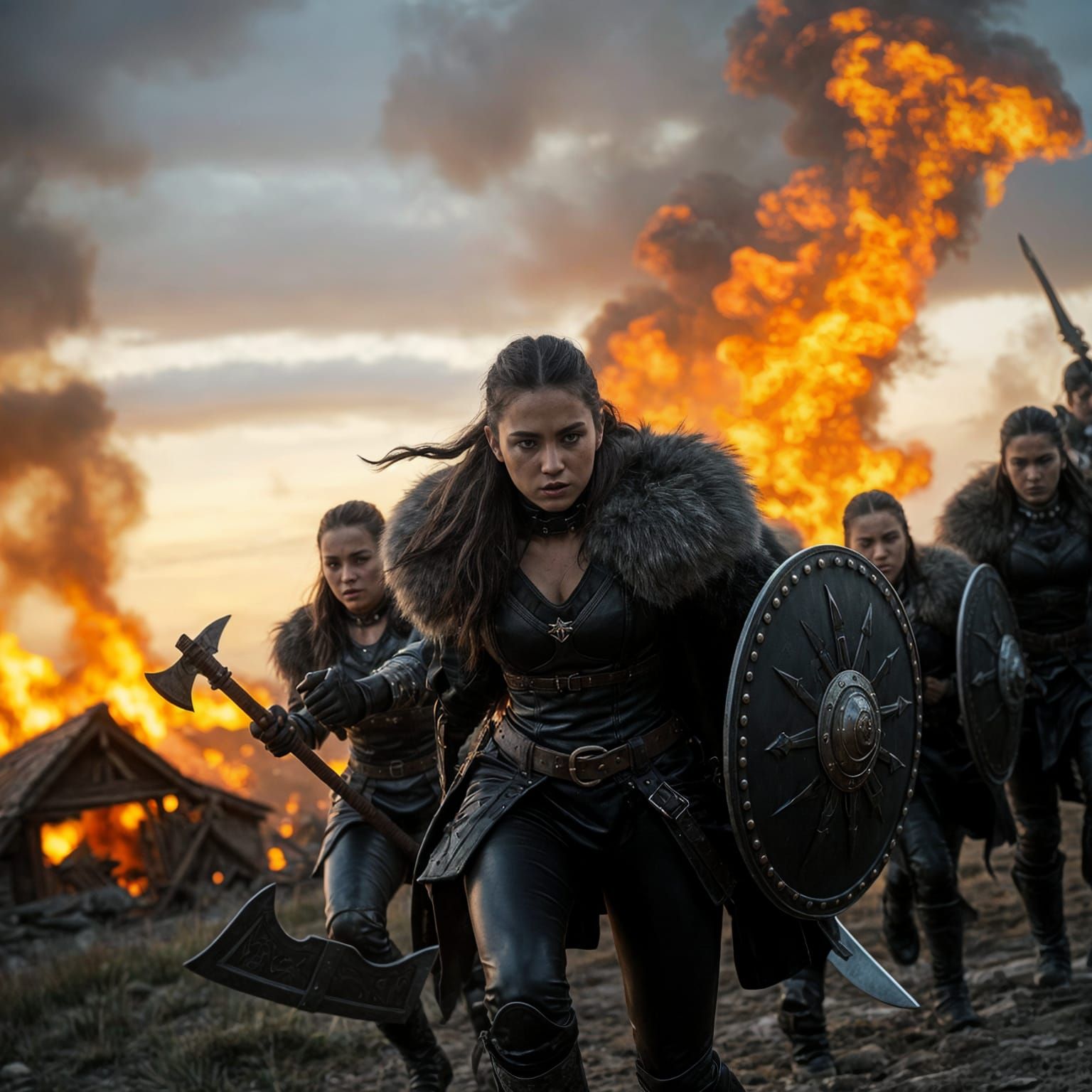 Fierce Viking Warrior Women Army Charging Through Burning No...