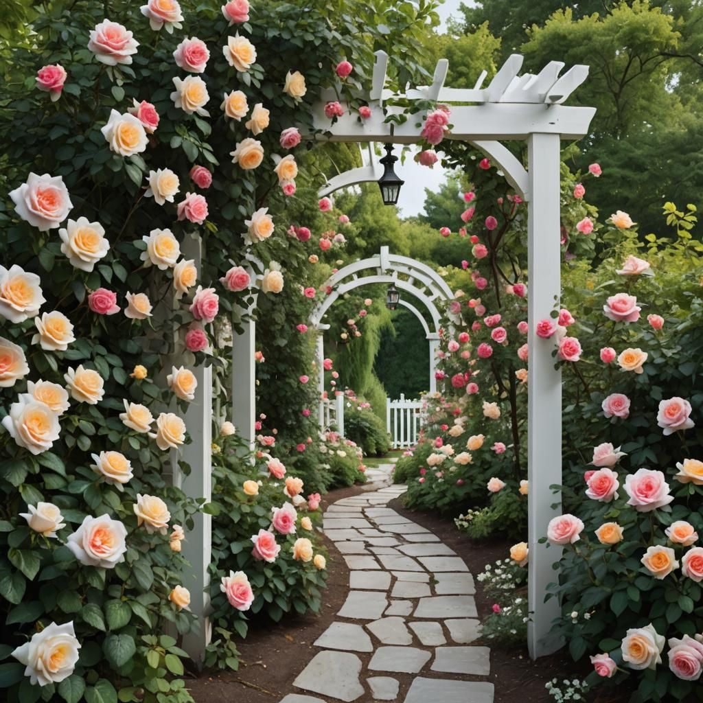 Rose-Adorned Trellis Over Tranquil Garden Path
