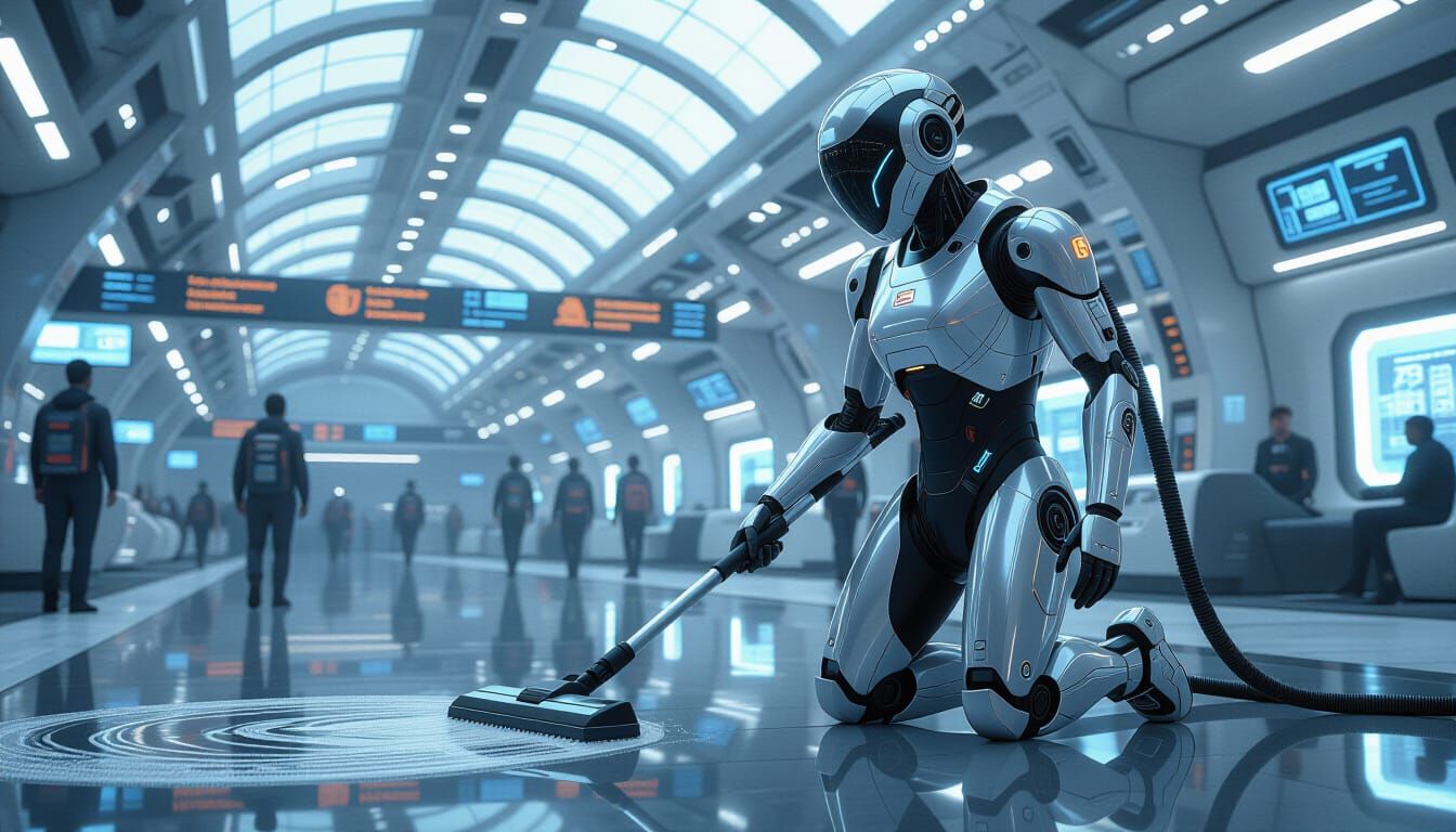 Android Cleans Carpets in Futuristic Spaceport Terminal