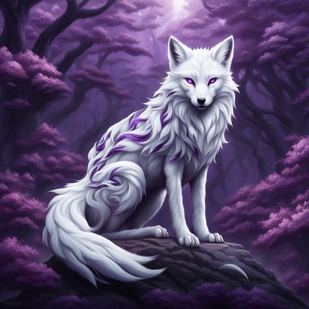 White Nine-Tailed Fox with Purple Markings