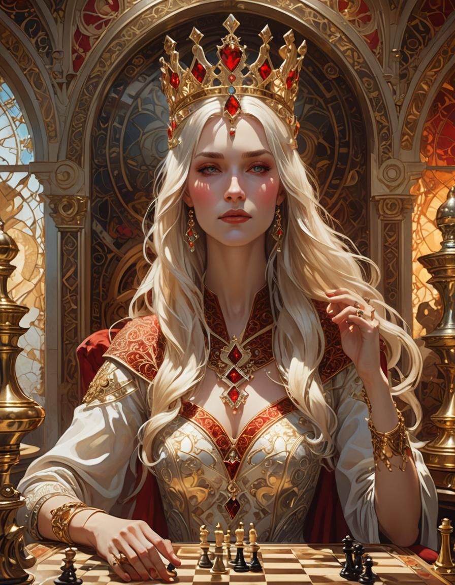 Blonde Queen Playing Chess in Art Nouveau Style