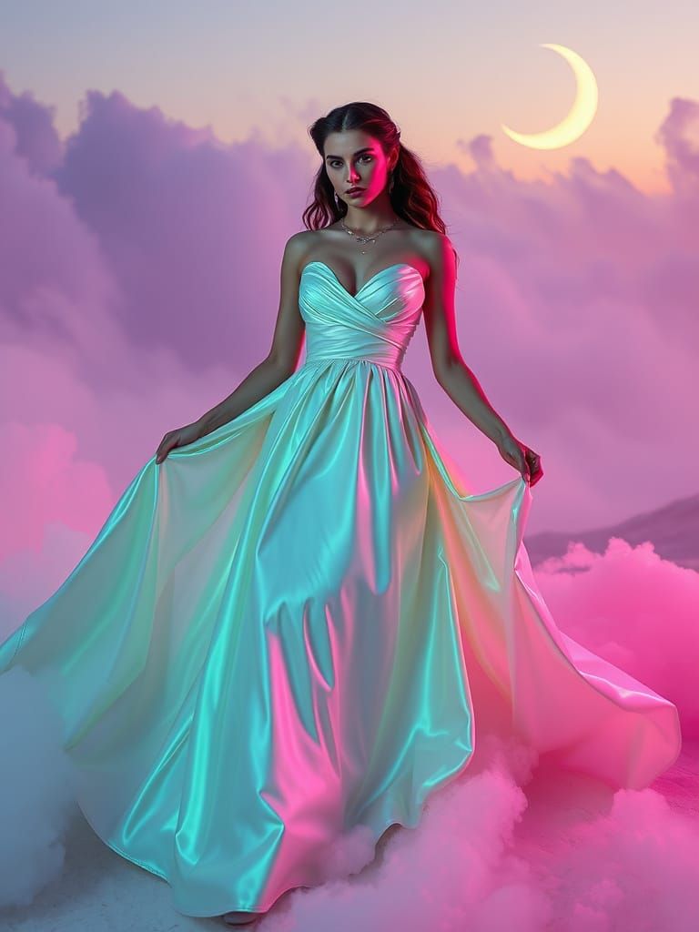 Venus Model in Iridescent Gown: Dreamlike Fashion