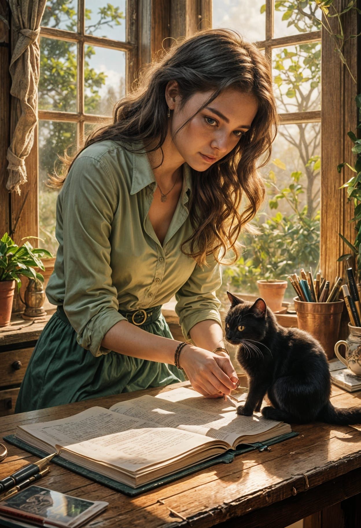 Woman Drawing as Cat Emerges from Book