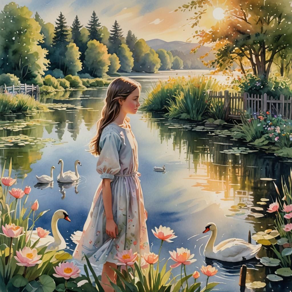 Girl by Lake: Ethereal Watercolor Fantasy