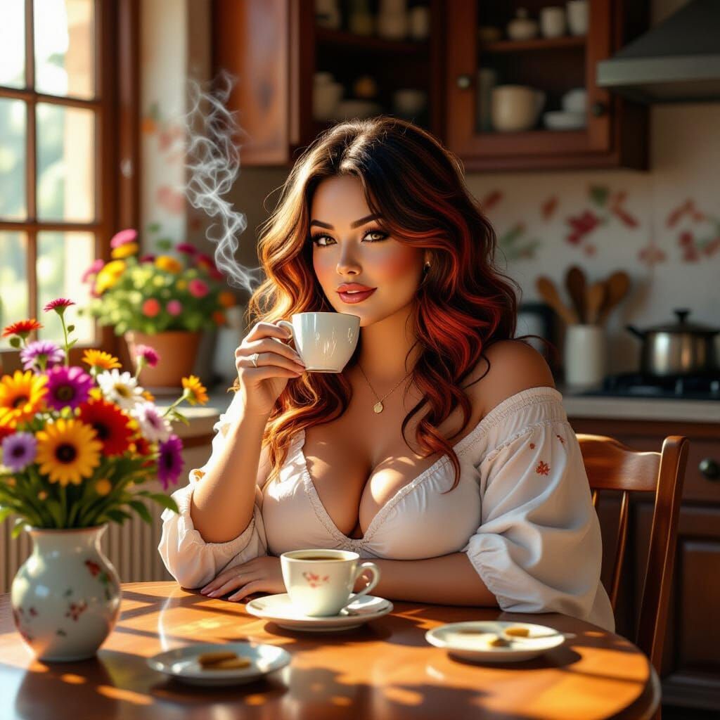 Cozy Kitchen Scene of Woman Sipping Coffee, in 3D Art