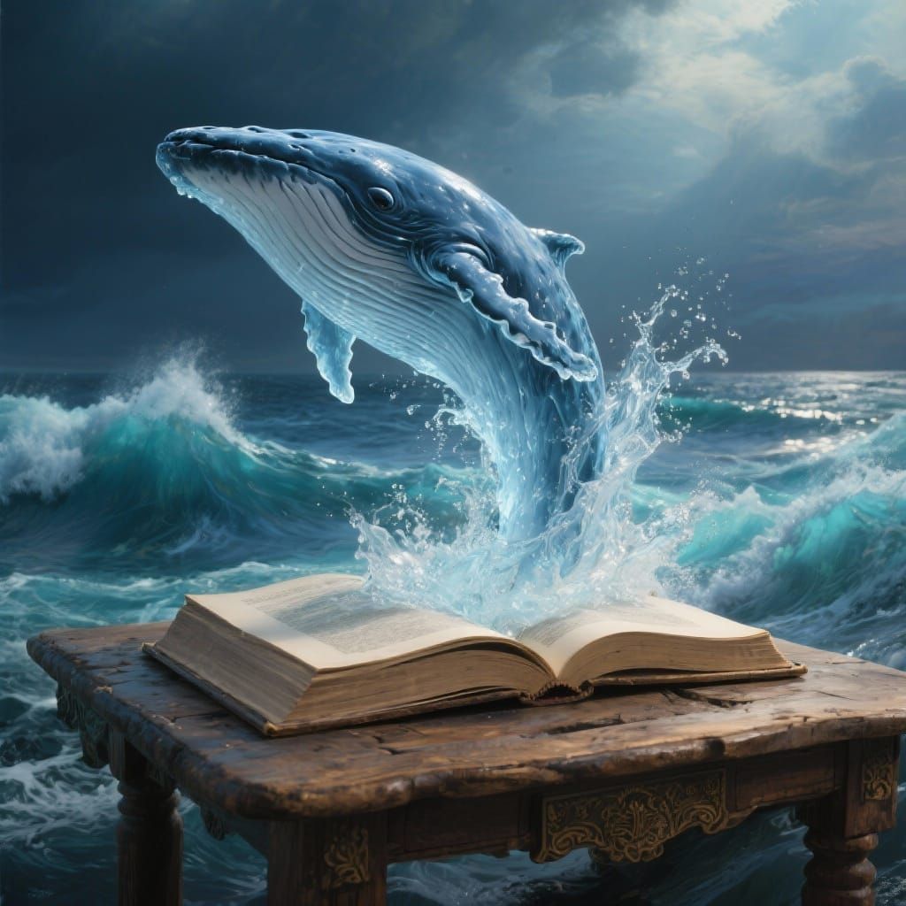 Water Whale Leaping from Open Book on Table