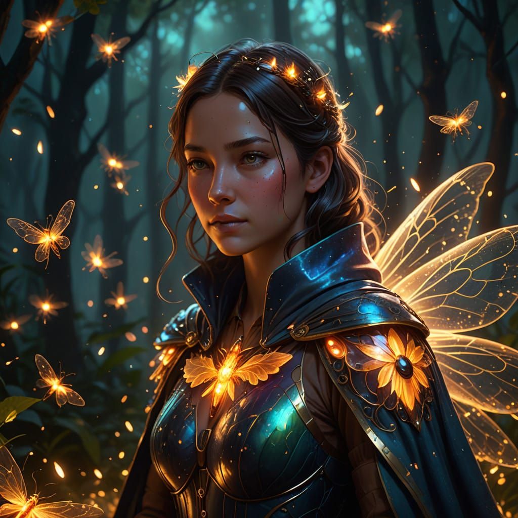 Mystical Firefly Amidst Swirling Crowd, Digital Anime Art