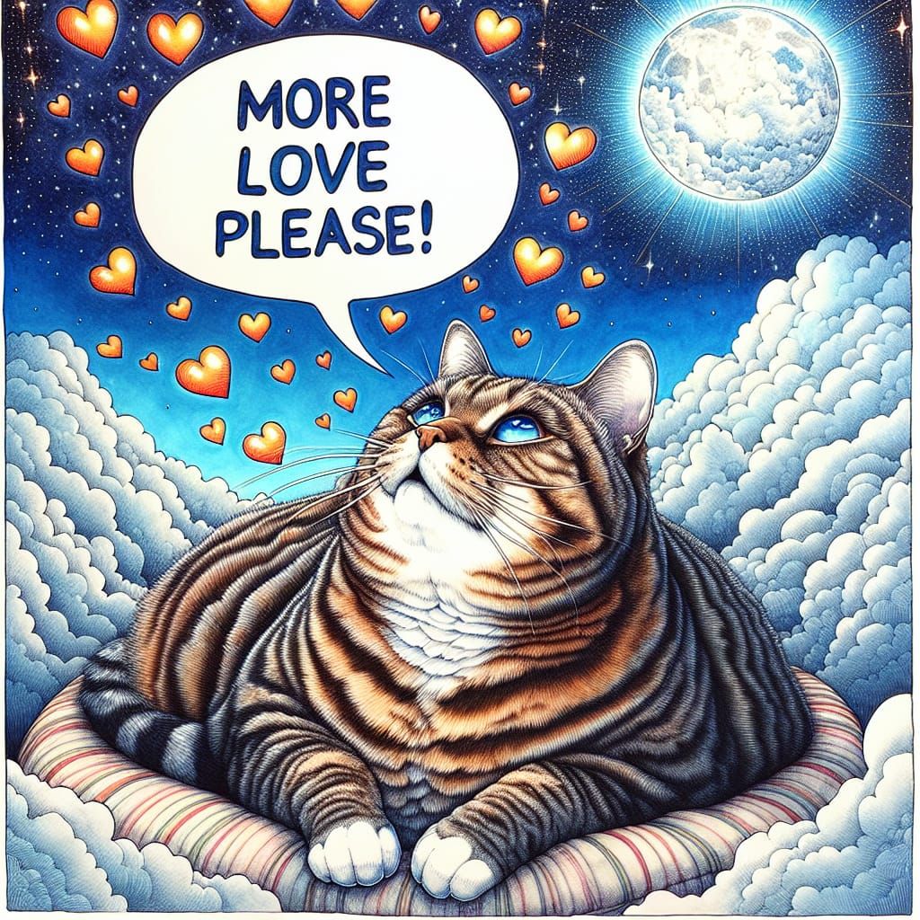 Chubby Tabby Cat's Prayer for Love: Romantic Illustration