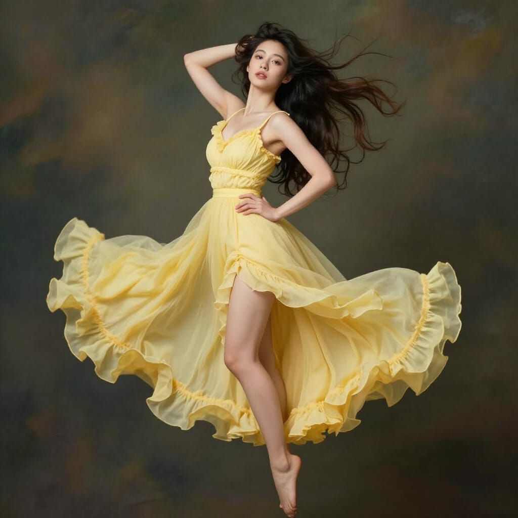 Woman in Flowing Yellow Dress, Romantic Art Style
