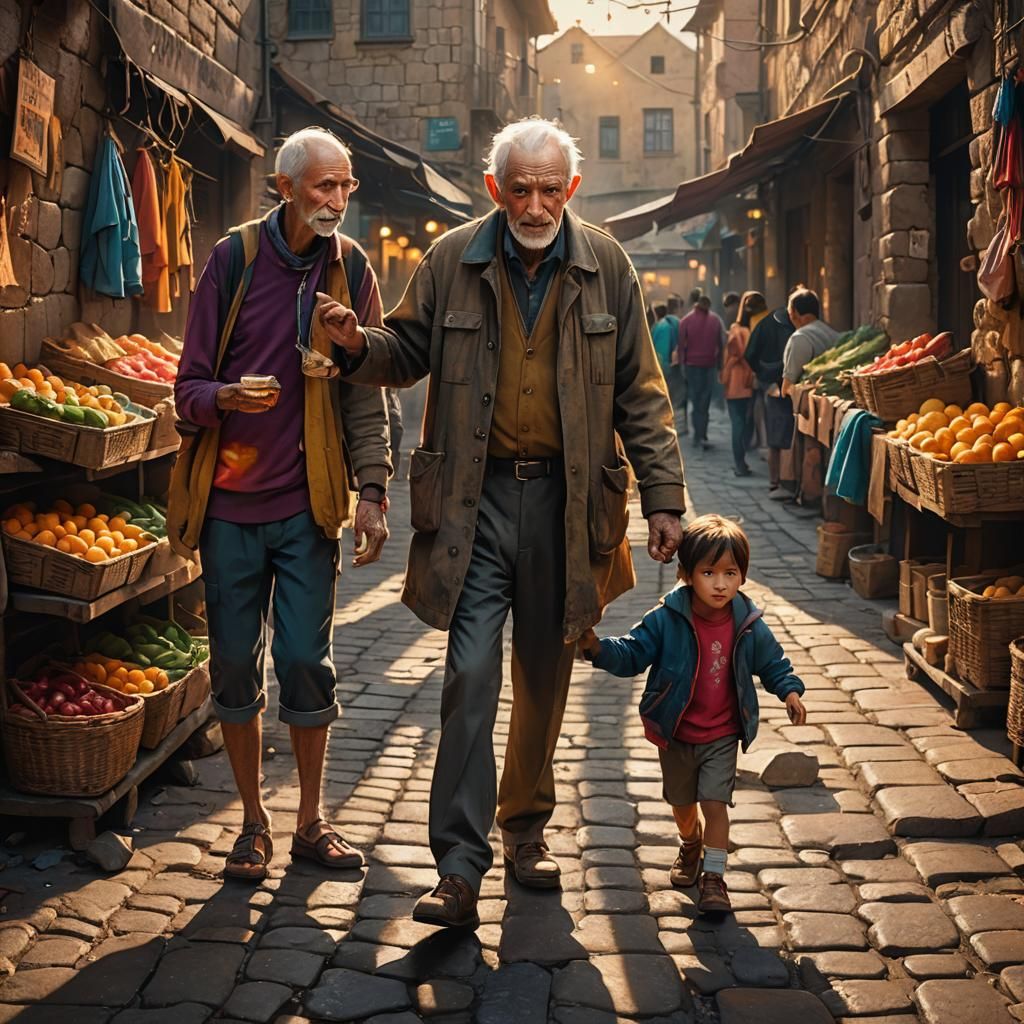 Old Man and Child in Vibrant Market