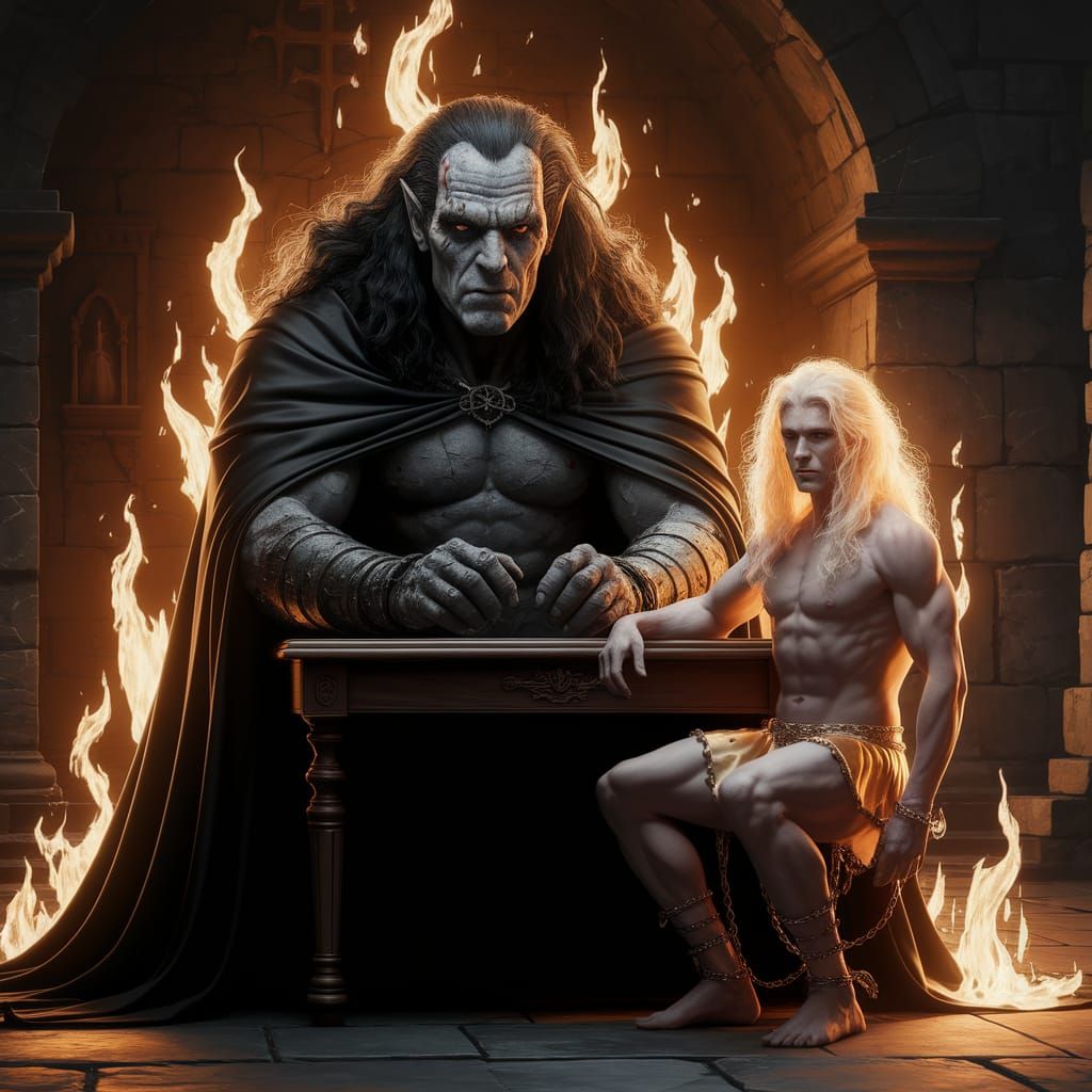 Dark Figure in Castle Hall Illuminated by Golden Flames