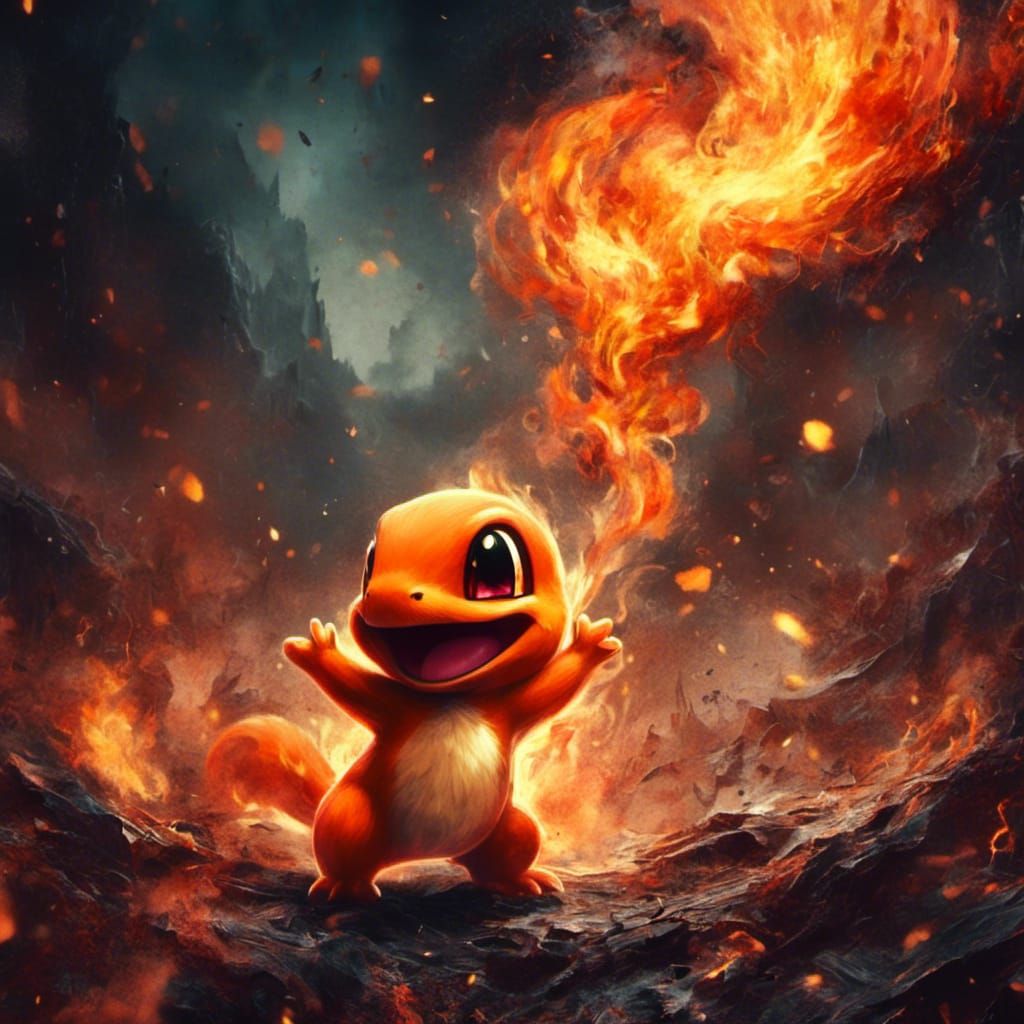 Macabre Chibi Charmander in Anime Watercolor Style