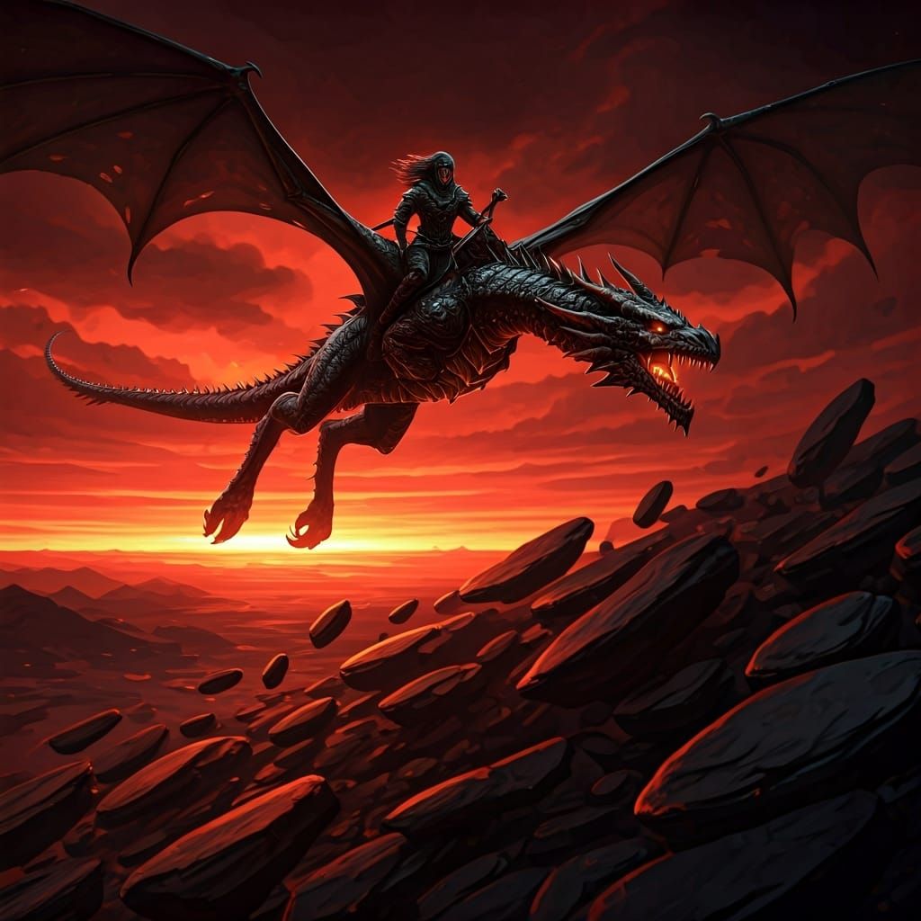 Dragon Rider Soaring Through Crimson Sky: Digital Matte Pain...