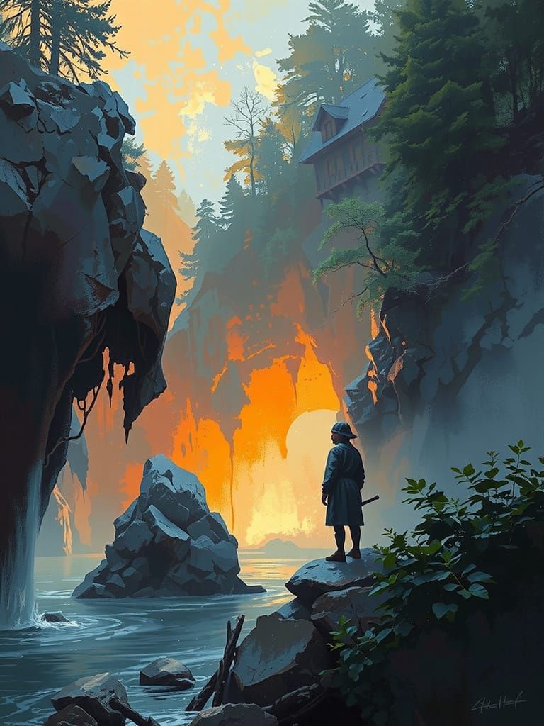 Surreal Riverbank Figure in Vibrant Digital Painting Style