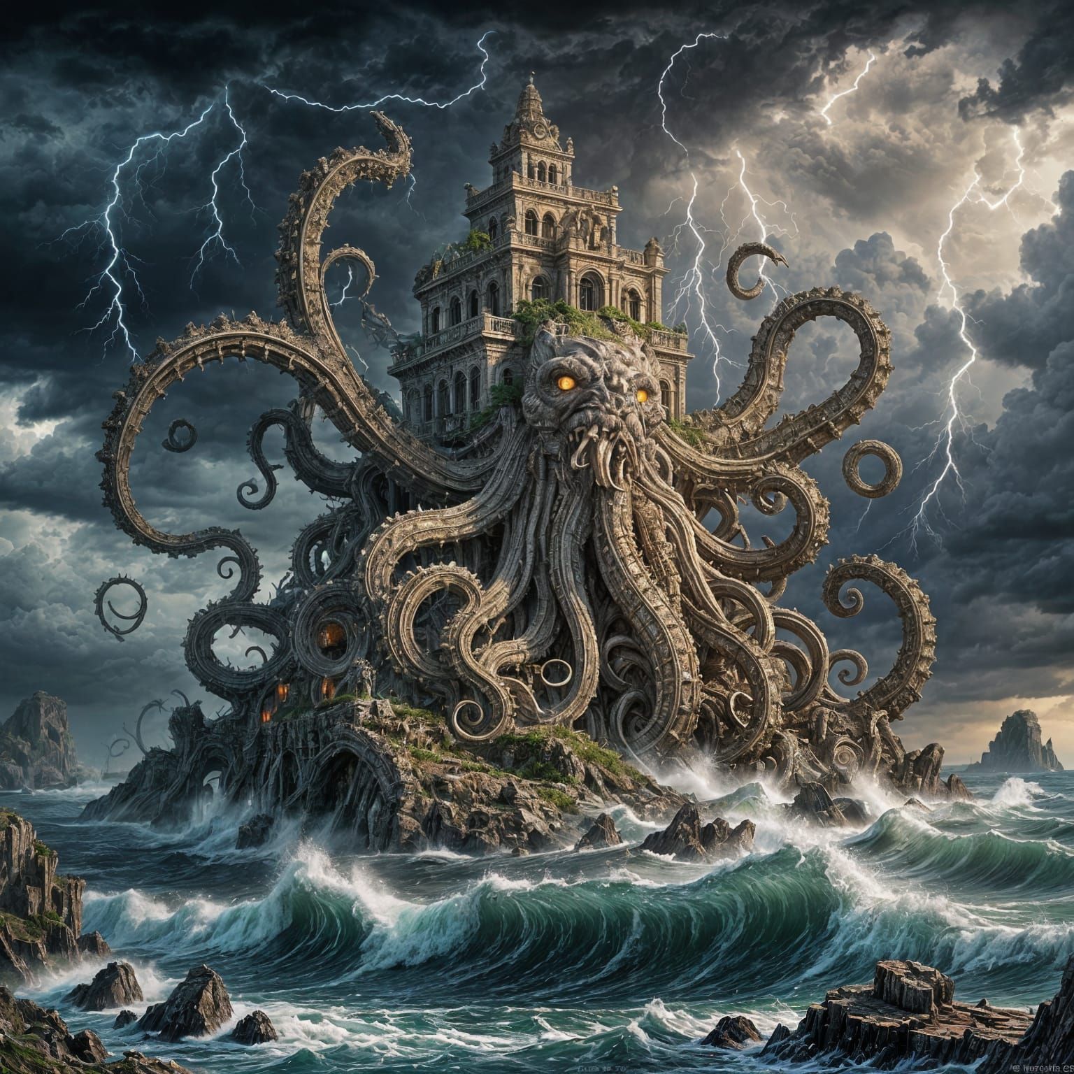Colossal Kraken Island Rises From Stormy Sea Concept Art