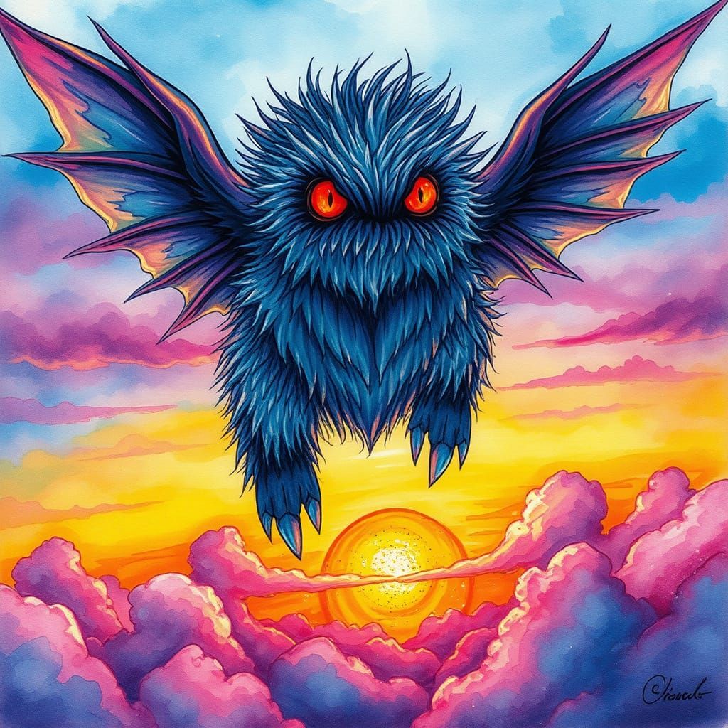 Friendly Flying Monster with Sunset Alcohol Ink Design