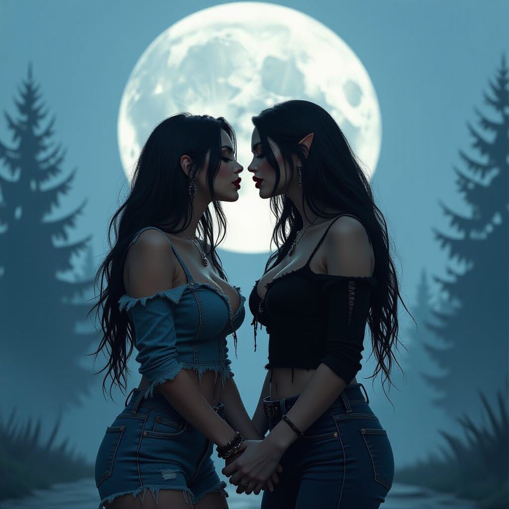 Vampire Couple Embrace Under Crescent Moon