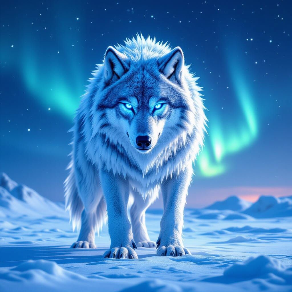 Icy Wolf Guardian Under Aurora Sky