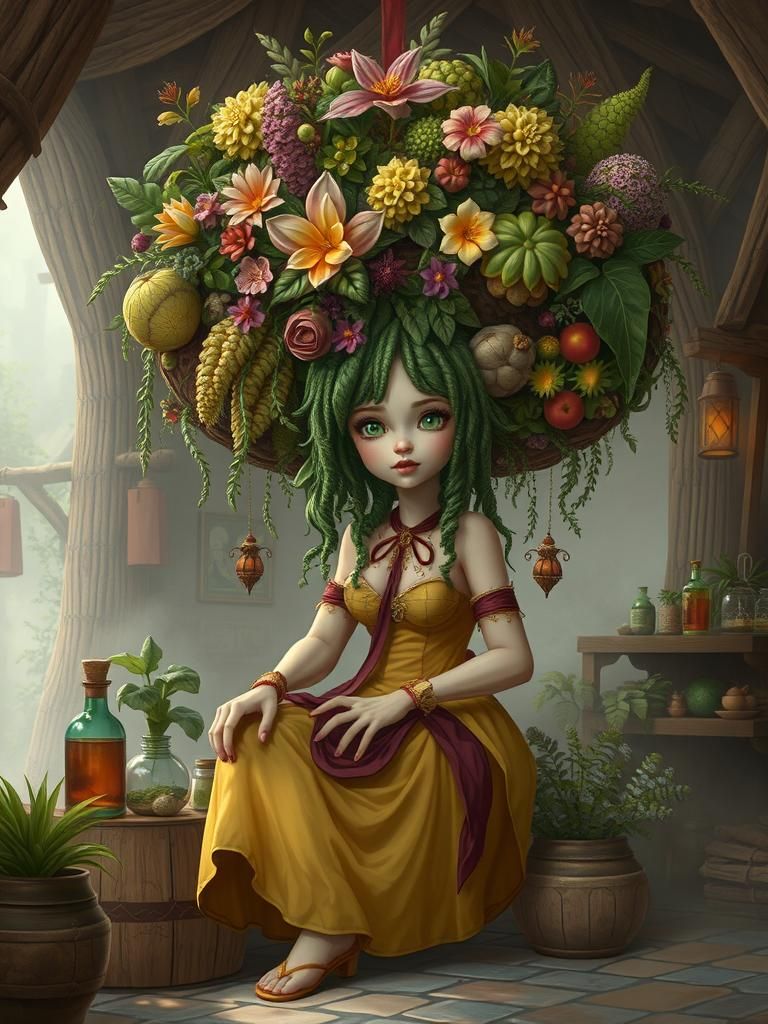 Giant Dryad Sells Potions in Fantasy Marketplace