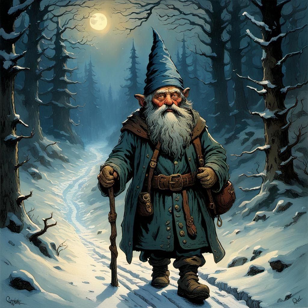 Old Gnome Walks Snowy Path at Twilight