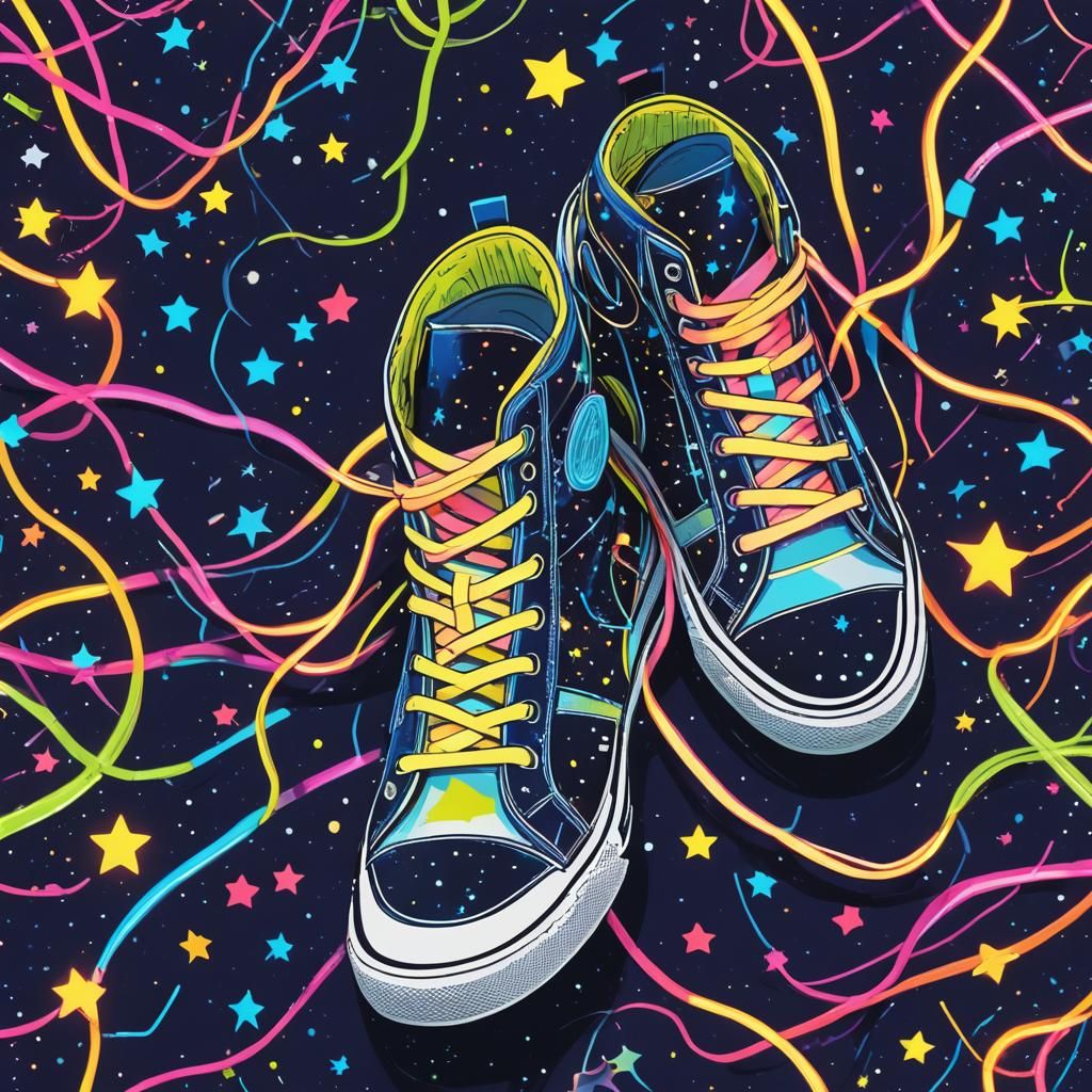 Neon Sneakers with Floating Stars in Vector Art