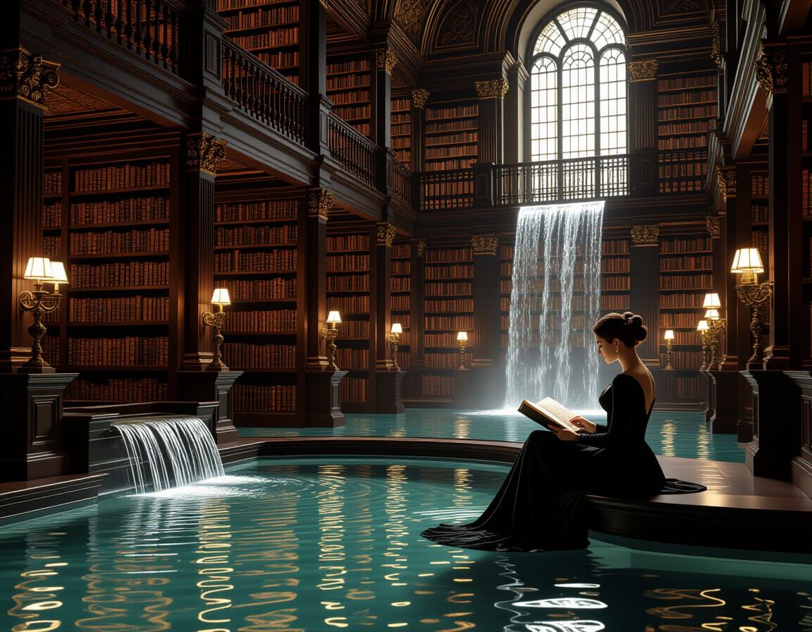 Elegant Woman Reading in Ornate Library as Classical Paintin...