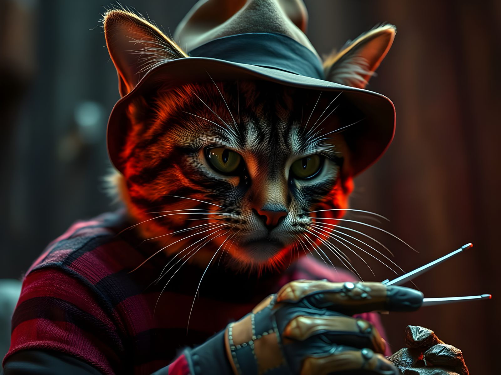 Hyperrealistic Cat Freddy Krueger in Horror Art Style