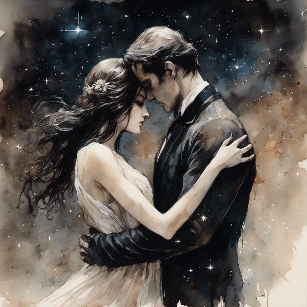 Celestial Love: Woman Embracing Starry Silhouette