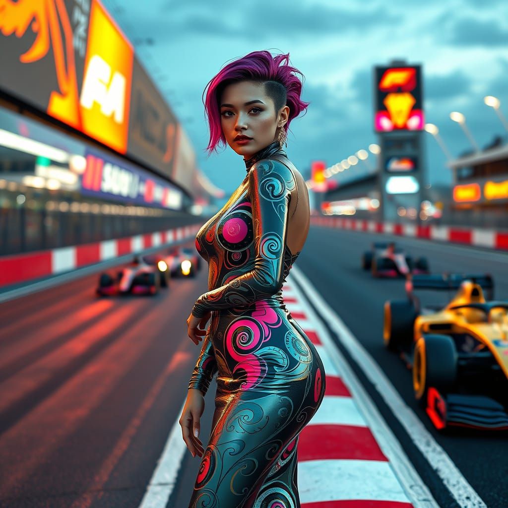 Sleek Avant-Garde Model on Formula 1 Racetrack in Vibrant Co...