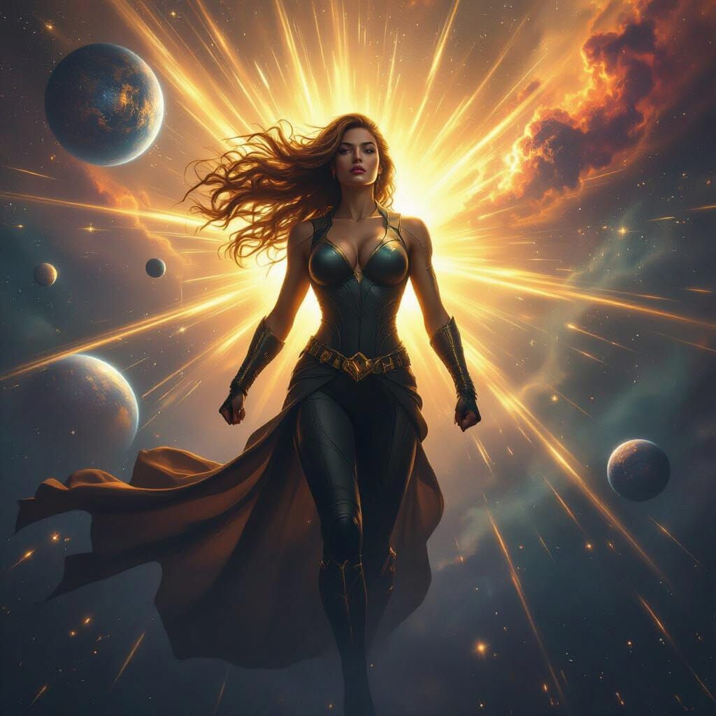 Cosmic Woman Propelled Through Starry Expanse