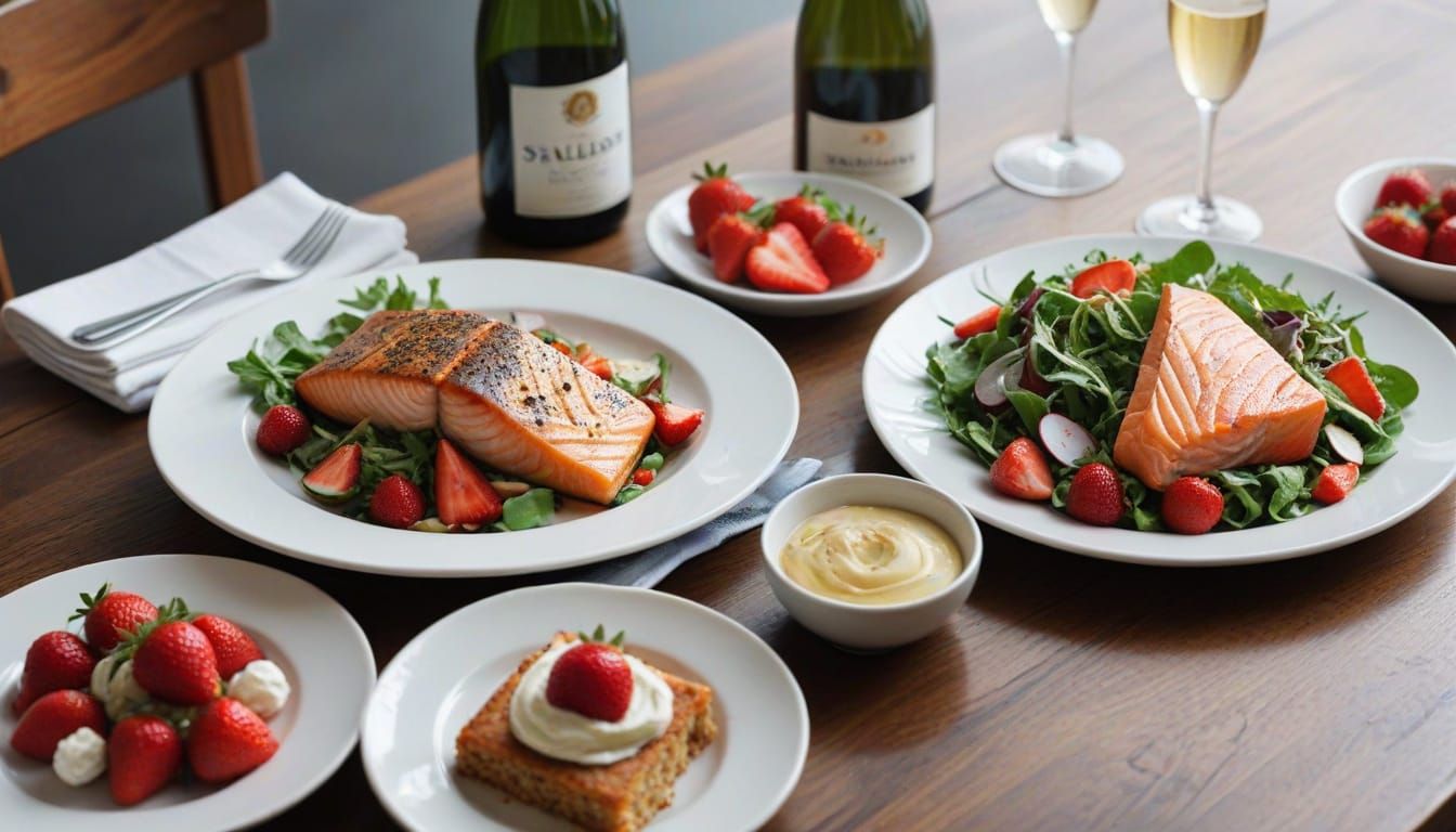 Gourmet Meal: Salmon, Salad, Cake & Champagne