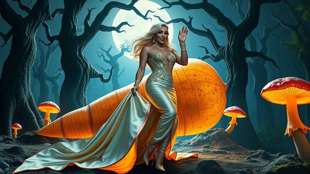 A plus-size sissy queen, draped in a silky gown of satin, emerges from a colossal carrot on a moonlit night.