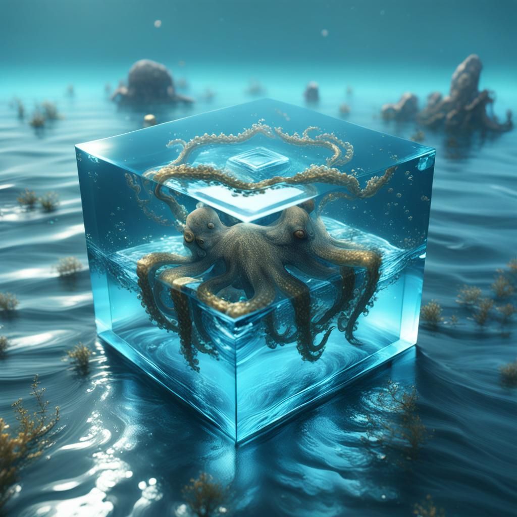 Octopus in Shimmering Ocean Cube: Fantasy Concept Art