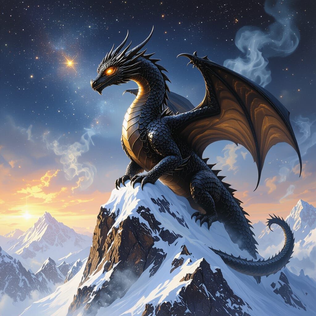 Obsidian Dragon Perched Atop Snowy Peak