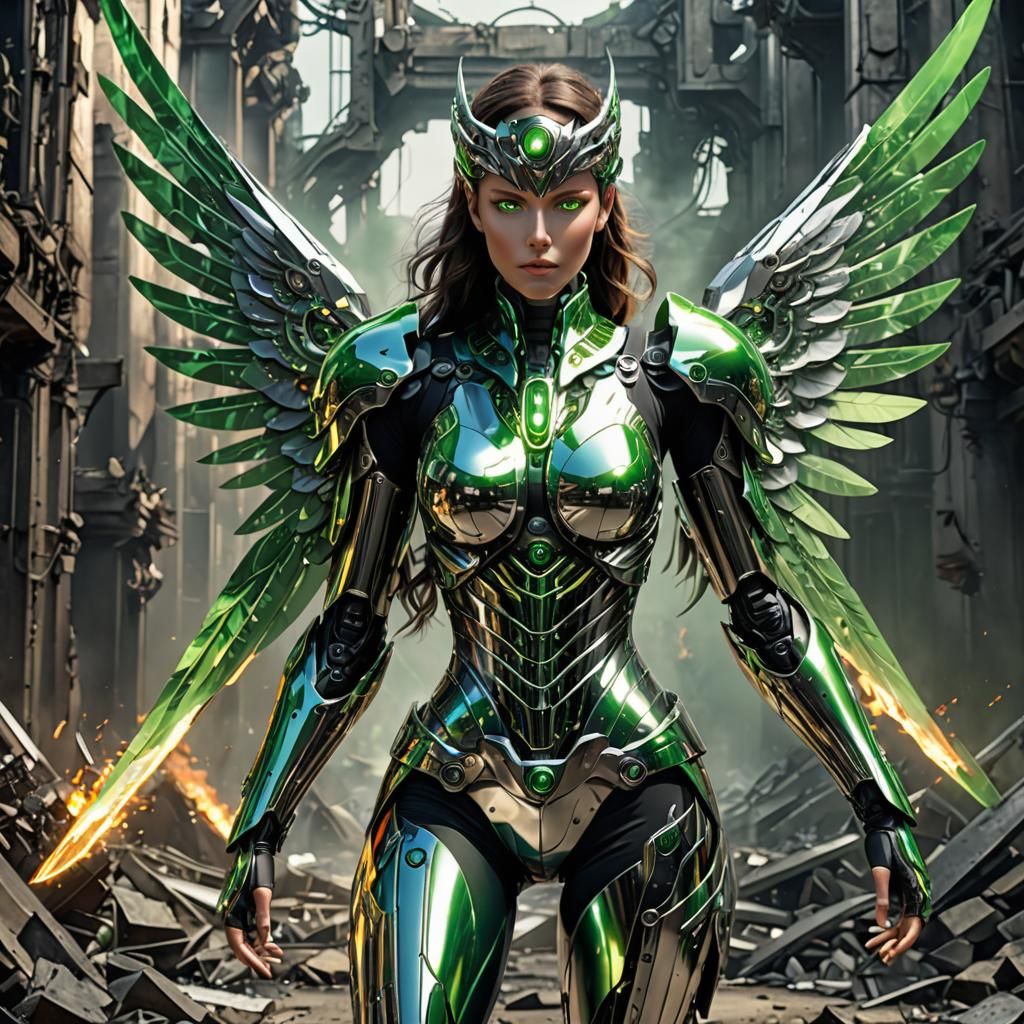 Platinum Android with Blade Wings in Burning Ruins